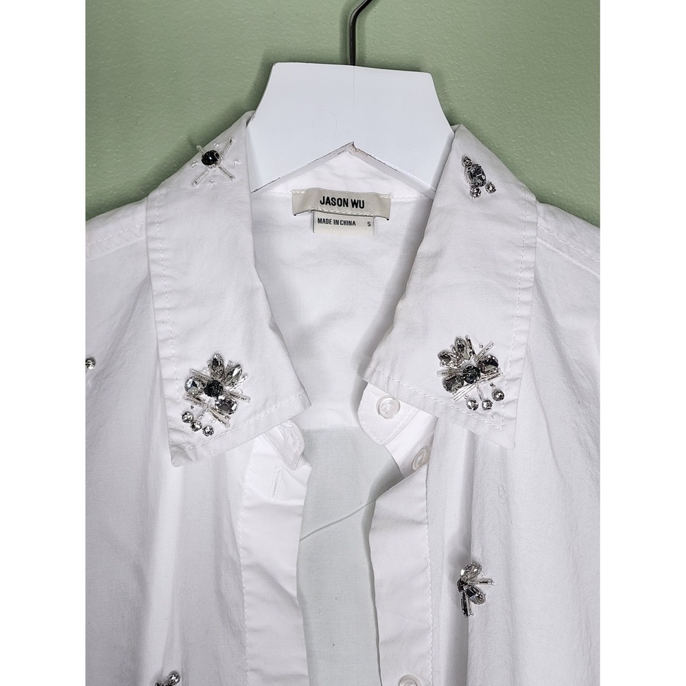 Jason Wu White Button-Up Shirt Crop Rhinestone Jeweled Embellished Hi Lo Hem S - Picture 3 of 7